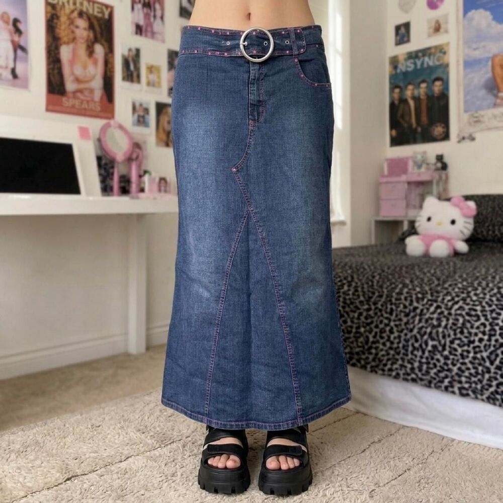 Y2K Vezucci Rhinestone O Ring Belt Denim Maxi Skirt Size 14 Grunge